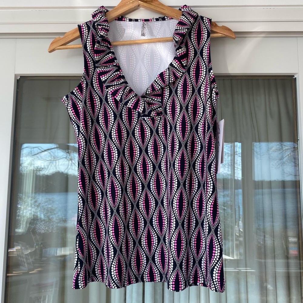 Lulu-B Black and Pink Ruffle Neck UPF50+ Sleeveless Top